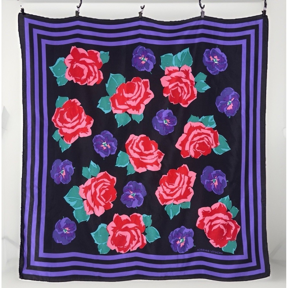 Vtg Adrienne Vittadini Scarf Vivid Colors Roses & Violets Red Black Purple 32"